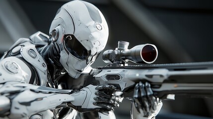 Fototapeta premium Futuristic Robot Sniper in Photorealistic Style