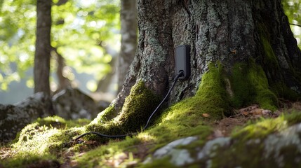Obraz premium A black power bank is plugged into an outlet attached to a tree trunk in a forest.