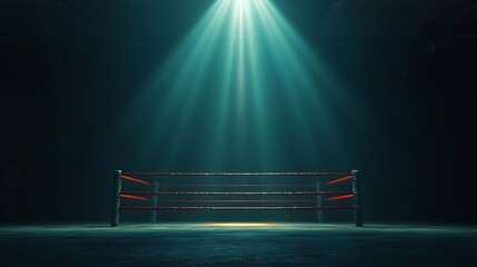 Obraz premium 3D rendering of an empty boxing ring with a spotlight shining down on the center