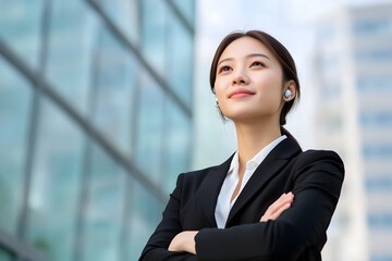 Confident Professional Woman Stands Tall in Urban Corporate Landscape