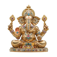Golden Ganesha Statue with Intricate Jewel Adornments and Symbols
