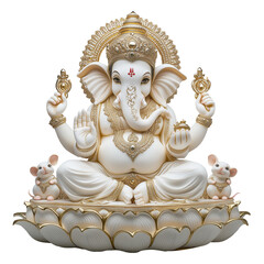 Intricate White Statue of Lord Ganesha with Mice and Lotus