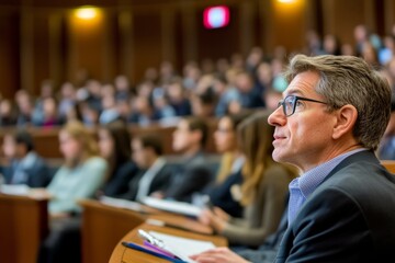 Fototapeta premium A professional attending a conference or lecture in a large auditorium, surrounded by focused participants. 