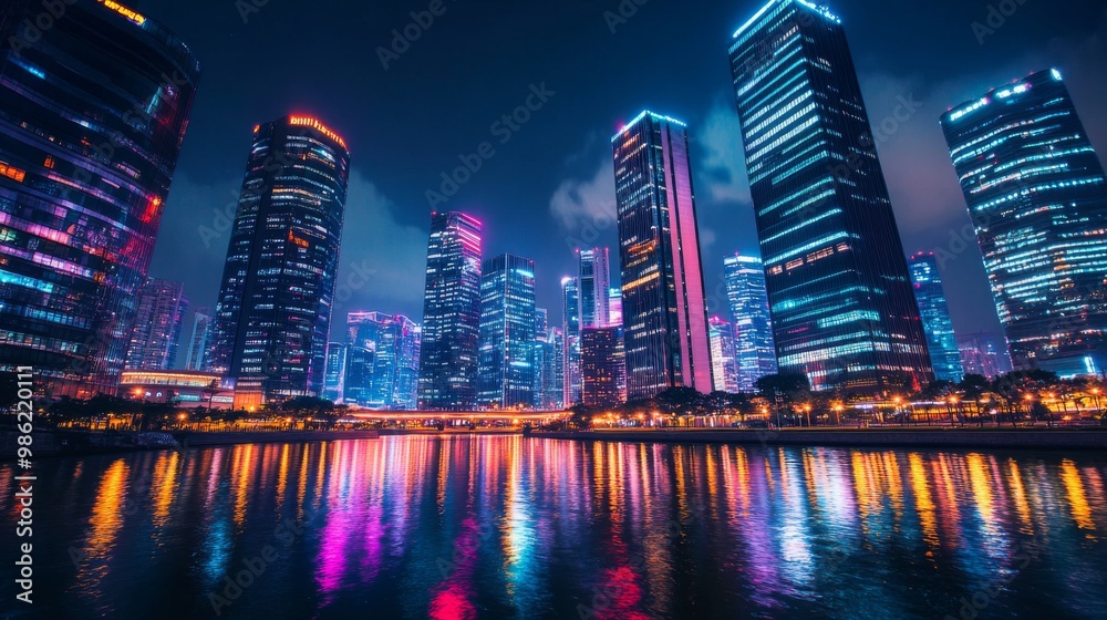 Poster a nighttime shot of illuminated skyscrapers along a river, with the lights creating a vibrant reflec