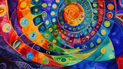 Fototapeta premium Abstract interpretation of Wheel of Fortune, with swirling psychedelic colors, surreal shapes, and floating numbers, watercolor style