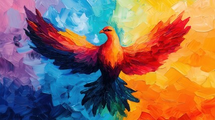 Obraz premium A vibrant, colorful painting of a phoenix soaring through a bright, abstract background, symbolizing rebirth and transformation.