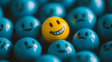 Blue Balls with Sad Faces Surrounding a Bright Yellow Ball with a Big Smile: A Vibrant Illustration of Joy and Happiness Amidst Sadness, Perfect for Themes of Positivity, Emotions, and Mental Health.