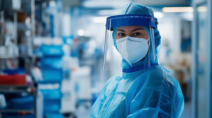 A woman in a blue hospital gown and a blue face mask