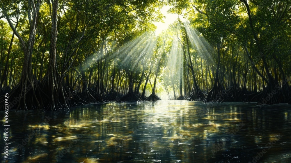 Aufkleber A panoramic shot of a mangrove forest with sunlight filtering through the dense canopy, creating dappled patterns on the water below and showcasing the lush environment.