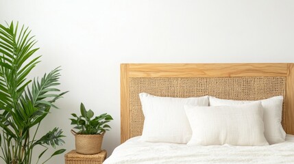 A cozy bedroom featuring a wooden headboard, white bedding, and lush greenery in stylish pots, creating a serene atmosphere.