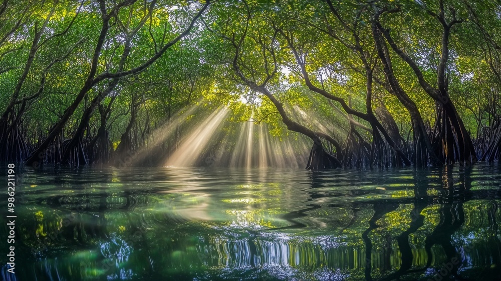 Aufkleber A panoramic shot of a mangrove forest with sunlight filtering through the dense canopy, creating dappled patterns on the water below and showcasing the lush environment.