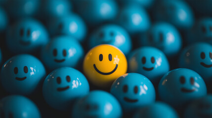 Blue Balls with Sad Faces Surrounding a Bright Yellow Ball with a Big Smile: A Vibrant Illustration of Joy and Happiness Amidst Sadness, Perfect for Themes of Positivity, Emotions, and Mental Health.