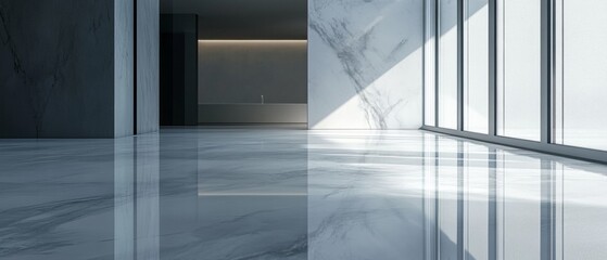 Obraz premium A large room with a white marble wall and a white floor