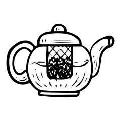 Glass teapot hand drawn doodle. Kitchen appliance for brewing hot drinks. Kitchenware. Cup watering can with handle and strainer. Tableware. Vector sketch line art illustration.