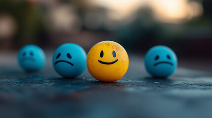 Blue Balls with Sad Faces Surrounding a Bright Yellow Ball with a Big Smile: A Vibrant Illustration of Joy and Happiness Amidst Sadness, Perfect for Themes of Positivity, Emotions, and Mental Health.