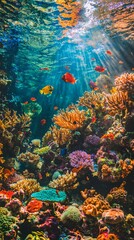 Obraz premium Vibrant Coral Reef Teeming with Colorful Marine Life. Tropical Fish Plants Biodiversity Underwater Shot.