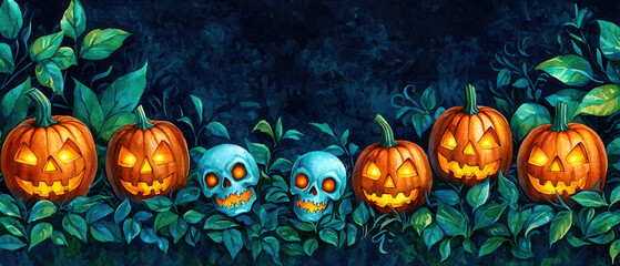 A Halloween garden with glowing lanterns shaped like skulls, jack o' lanterns scattered among the plants, in atmospheric watercolor