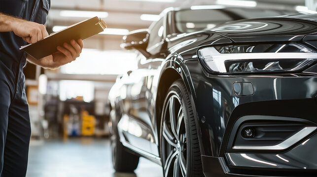 A man is writing on a clipboard next to a car
