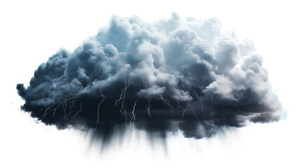 Dark rainy stormy cloud with lightning and rain isolated on transparent and white background, cut out png