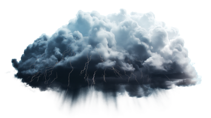 Dark rainy stormy cloud with lightning and rain isolated on transparent and white background, cut out png