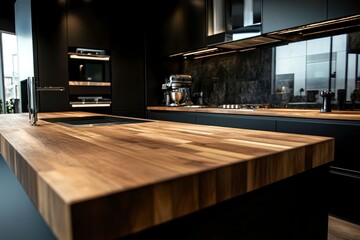 Modern contemporary spacious kitchen room with wooden kitchen countertop for montage with generative ai