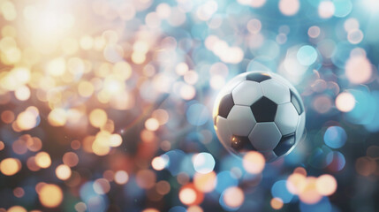 Fototapeta premium Soccer ball in bokeh lights, colorful sports image, football sphere floating, vibrant background, sports concept