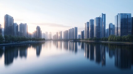 A panoramic view of sleek high-rise buildings lining a river, with reflections on the water and a clear sky, capturing the modern cityscape and tranquil waterway.
