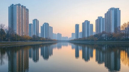 A panoramic view of sleek high-rise buildings lining a river, with reflections on the water and a clear sky, capturing the modern cityscape and tranquil waterway.