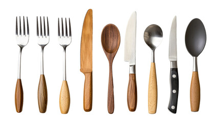 Collection of kitchen utensils including spoon, fork, knife, and spatula isolated on transparent background, PNG file