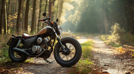 Vintage motorcycle standing on a woodland path, sun rays through forest trees, adventure ride concept
