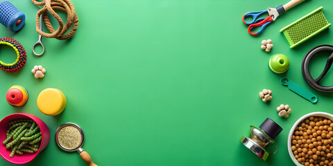 Flat lay pet accessories on green table, pet, accessories, bowl, dry feed, grooming equipment, toys, top view