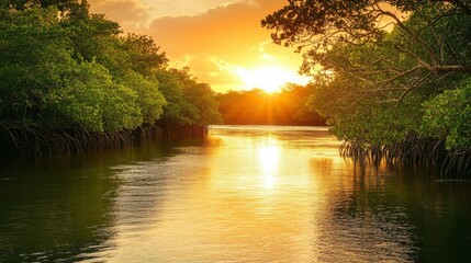 Fototapeta premium A peaceful sunset over a mangrove forest, with warm colors reflecting on the water and highlighting the natural beauty and calm of the coastal landscape.