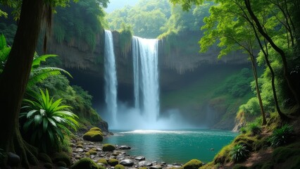 Generative AI, a waterfall with a waterfall in the middle of it surrounded by trees and rocks and water in the foreground, waterfall, a detailed matte painting, naturalism
