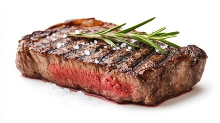 A perfectly cooked steak with a juicy, medium-rare center, garnished with a sprig of rosemary and a sprinkle of coarse salt, set against a clean white background.