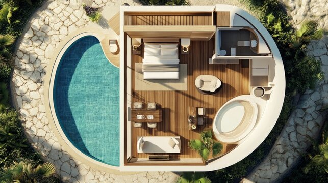 A beautifully designed floor plan of a single-bedroom resort house featuring a curved top view. This layout includes a cozy bedroom, a modern washroom, a functional kitchen, and an inviting pool area,