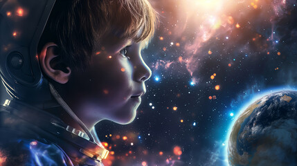 Fototapeta premium Dreaming child astronaut exploring outer space, stars, Earth glow, astronaut helmet, galaxy background, space exploration concept