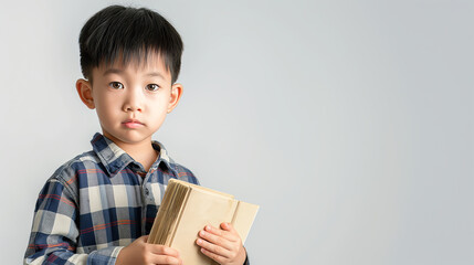 Fototapeta premium Child holding books, serious expression, young student in plaid shirt isolated background, learning, education, childhood and thoughtful concept