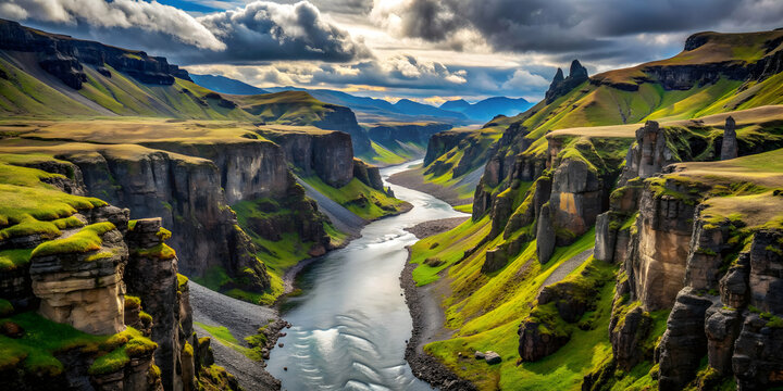 Spectacular landscape view of Thakgil mountains, canyon and river in Iceland, Iceland, Thakgil, mountains, canyon