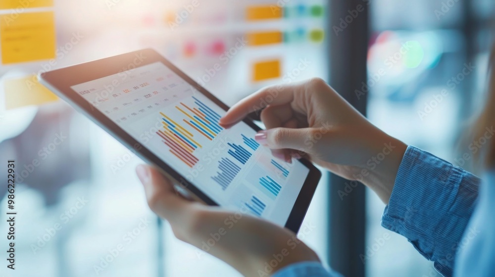 Leinwandbilder A person holding a tablet and reviewing a presentation with different opinions and graphs, illustrating the analysis and evaluation of diverse viewpoints.