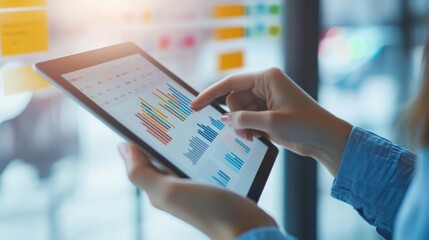 A person holding a tablet and reviewing a presentation with different opinions and graphs, illustrating the analysis and evaluation of diverse viewpoints.