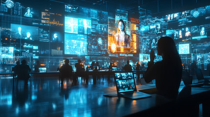 A 3D render of a student attending an international class through a holographic conference, interacting with students from different countries in real time 