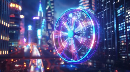 Holographic Wheel of Fortune floating in mid-air, surrounded by futuristic city skyscrapers, digital glitch effects, neon blue and purple
