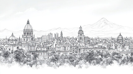 Naklejka premium Guatemala City, Guatemala, black and white pen pencil hand-drawn effect drawing illustration for travel poster, card, wallpaper, backdrop or banner. Modern, clear, artistic and simple