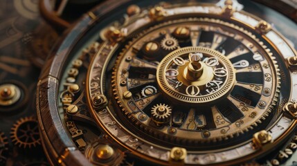 Fototapeta premium Steampunk Wheel of Fortune with brass gears, steam-powered mechanisms, and Victorian design elements, vintage brown tones