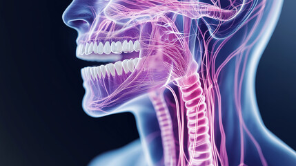 Digital illustration of human neck, jaw, and nerves, highlighting anatomical details concept