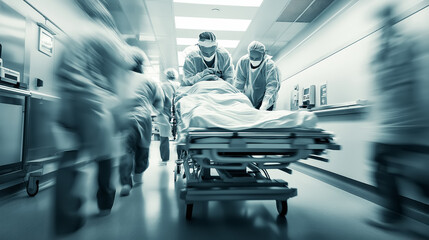 Emergency medical team rushing patient on stretcher in hospital, healthcare urgency, high-speed medical response concept