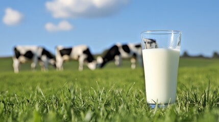 Black and white dairy cows grazing in a green field under a blue sky, next to a glass of fresh milk with droplets.