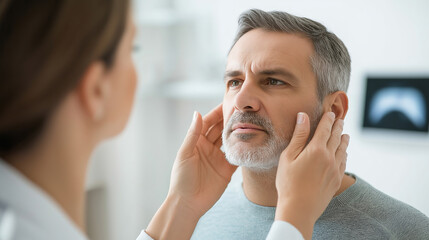 Doctor examining mature man, closeup of female hands on patient face during medical checkup, healthcare concept