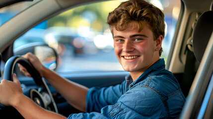 Obraz premium cheerful young man with short brown hair is smiling while driving car. His joyful expression reflects excitement and confidence in moment