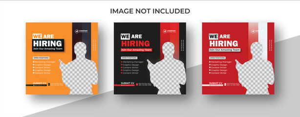 We are hiring job vacancy social media post banner design template. We are hiring job vacancy square web banner design.